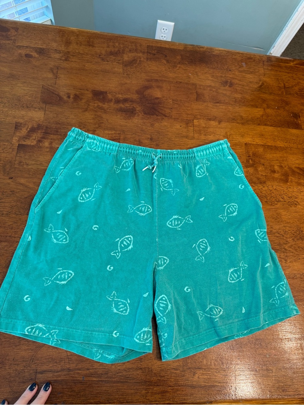 Vintage 90s Cotton Connection Fish Print Shorts Teal Green Garment Dyed USA Med